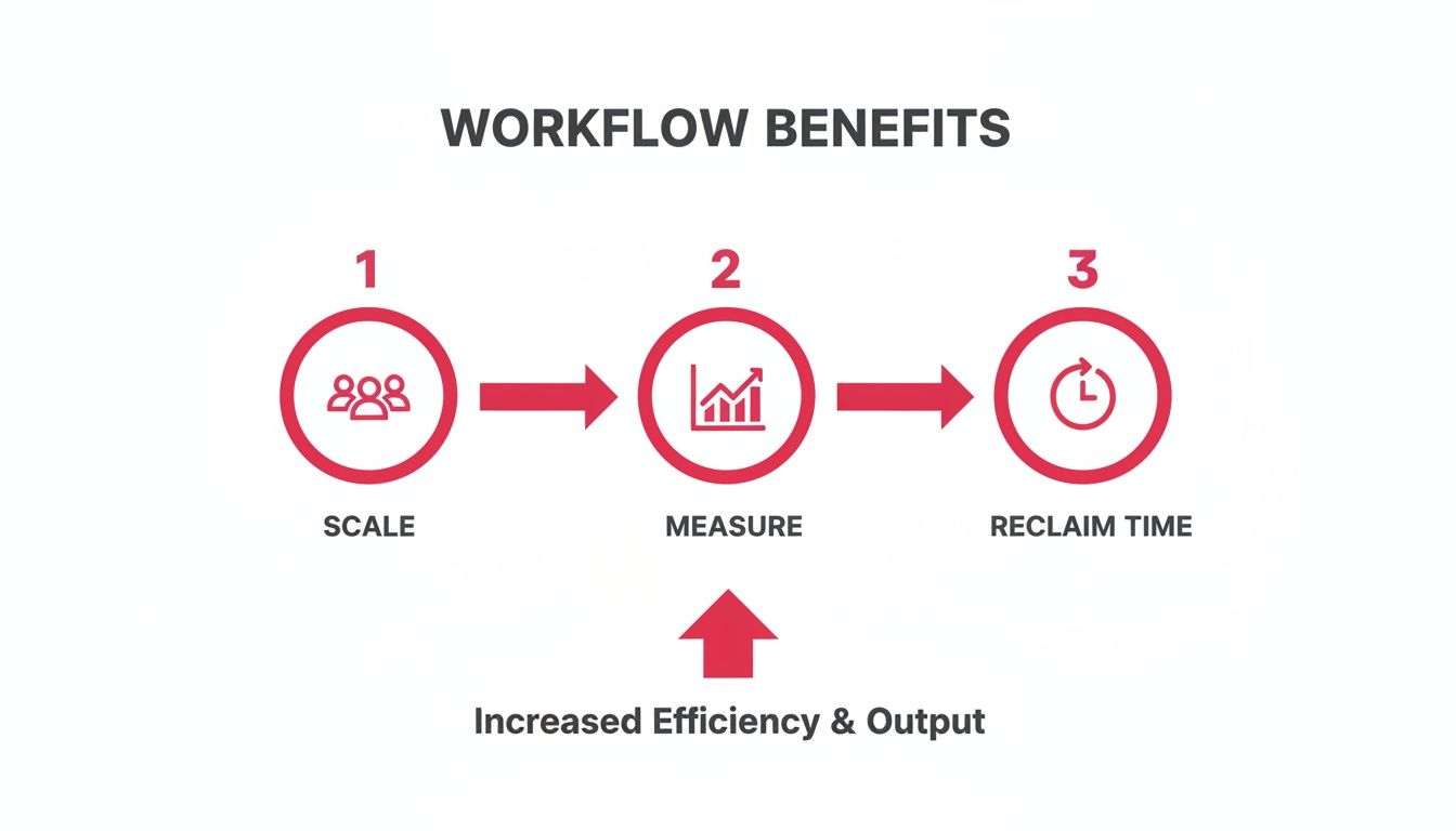 Workflow benefits diagram showing steps: scale, measure, and reclaim time for increased efficiency.