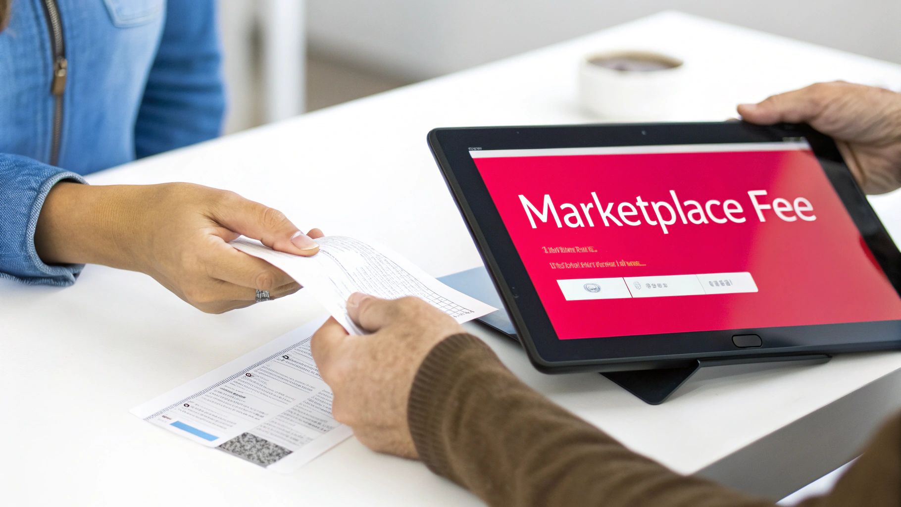 Two people exchanging documents, with a tablet displaying 'Marketplace Fee' on a white table.