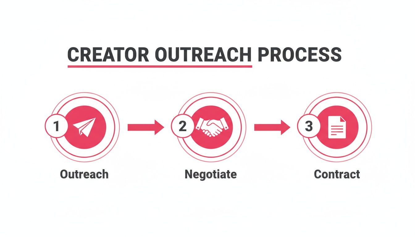 A three-step Creator Outreach Process infographic showing Outreach, Negotiate, and Contract stages with icons.