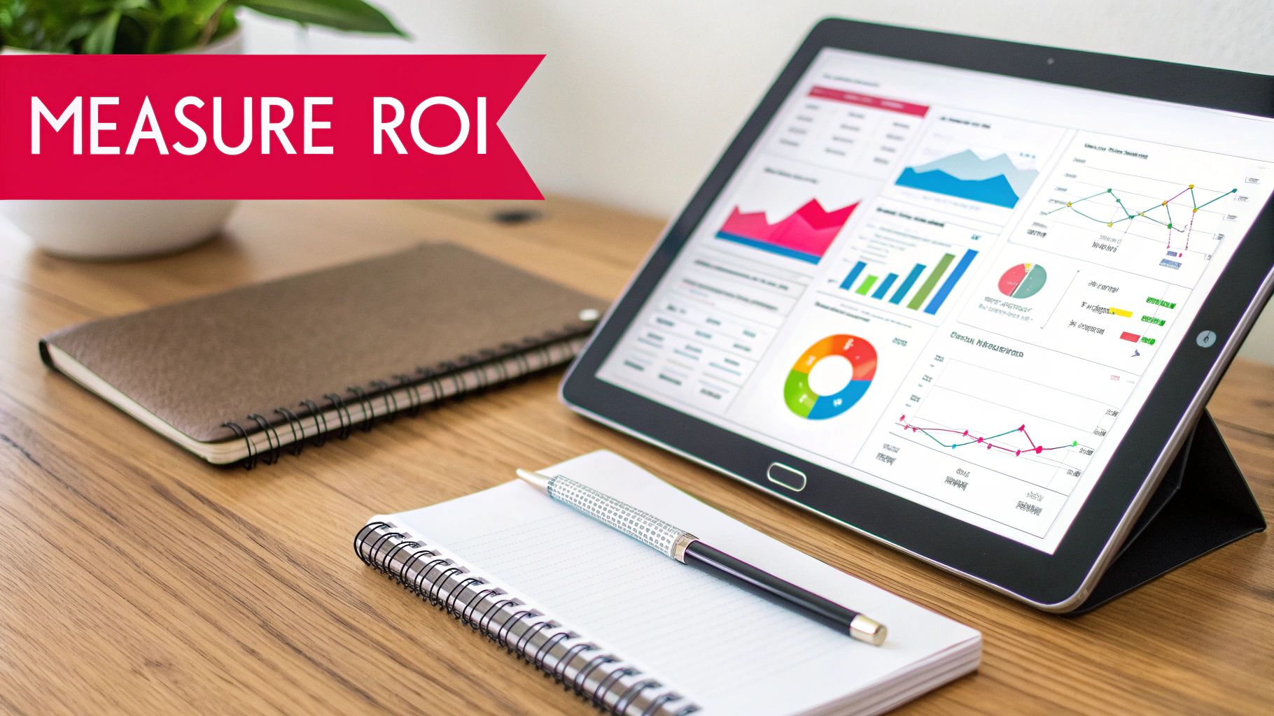 Workspace with a tablet displaying business charts and graphs, notebooks, and a 'MEASURE ROI' banner.