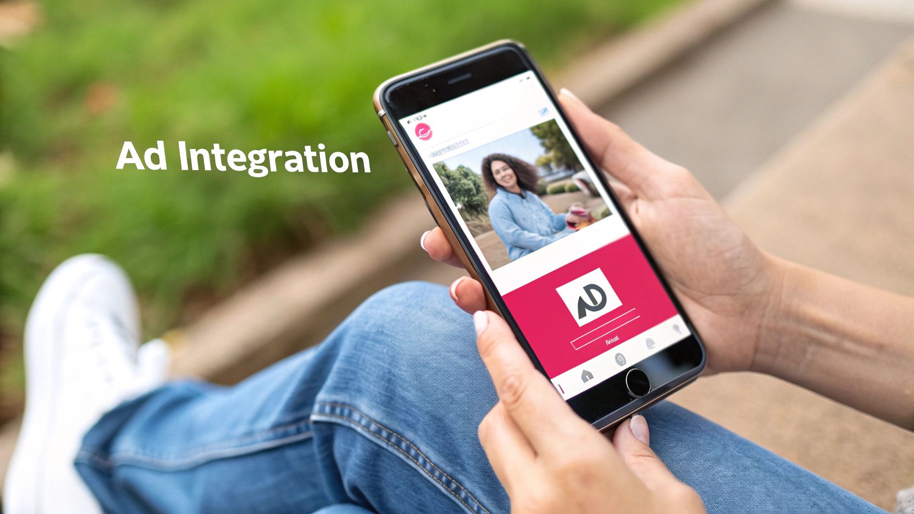 Person holding smartphone displaying mobile app with ad integration banner on screen outdoors