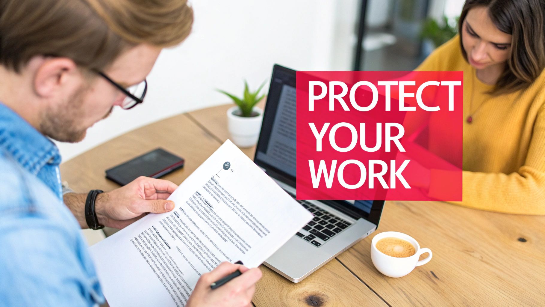 A content creator reviewing a contract on a laptop with a brand manager.