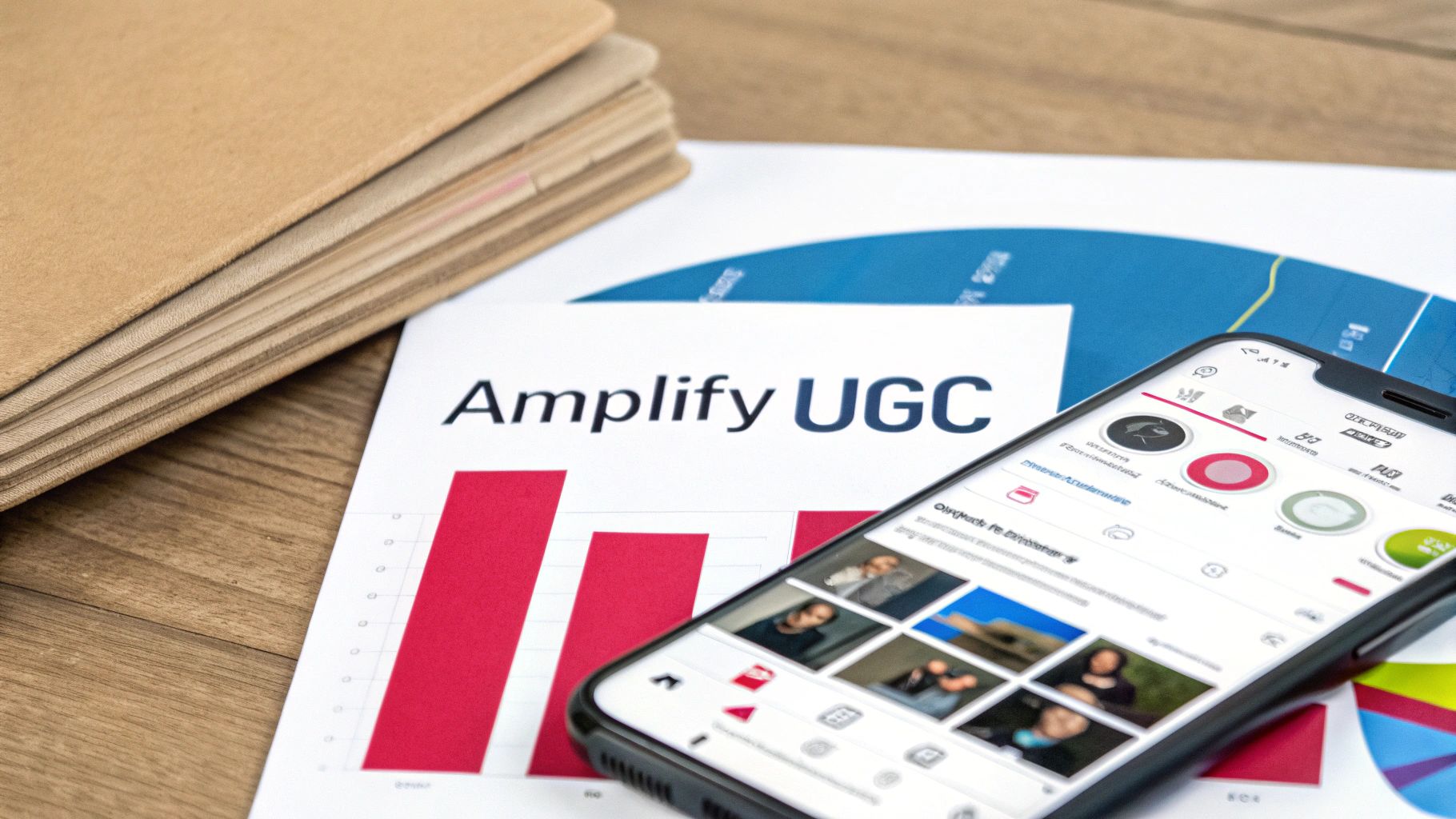 Smartphone displaying social media metrics next to a document with 'Amplify UGC' title and bar charts.