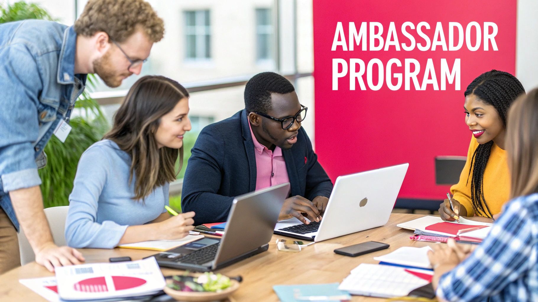 People collaborating and discussing ideas for an ambassador program
