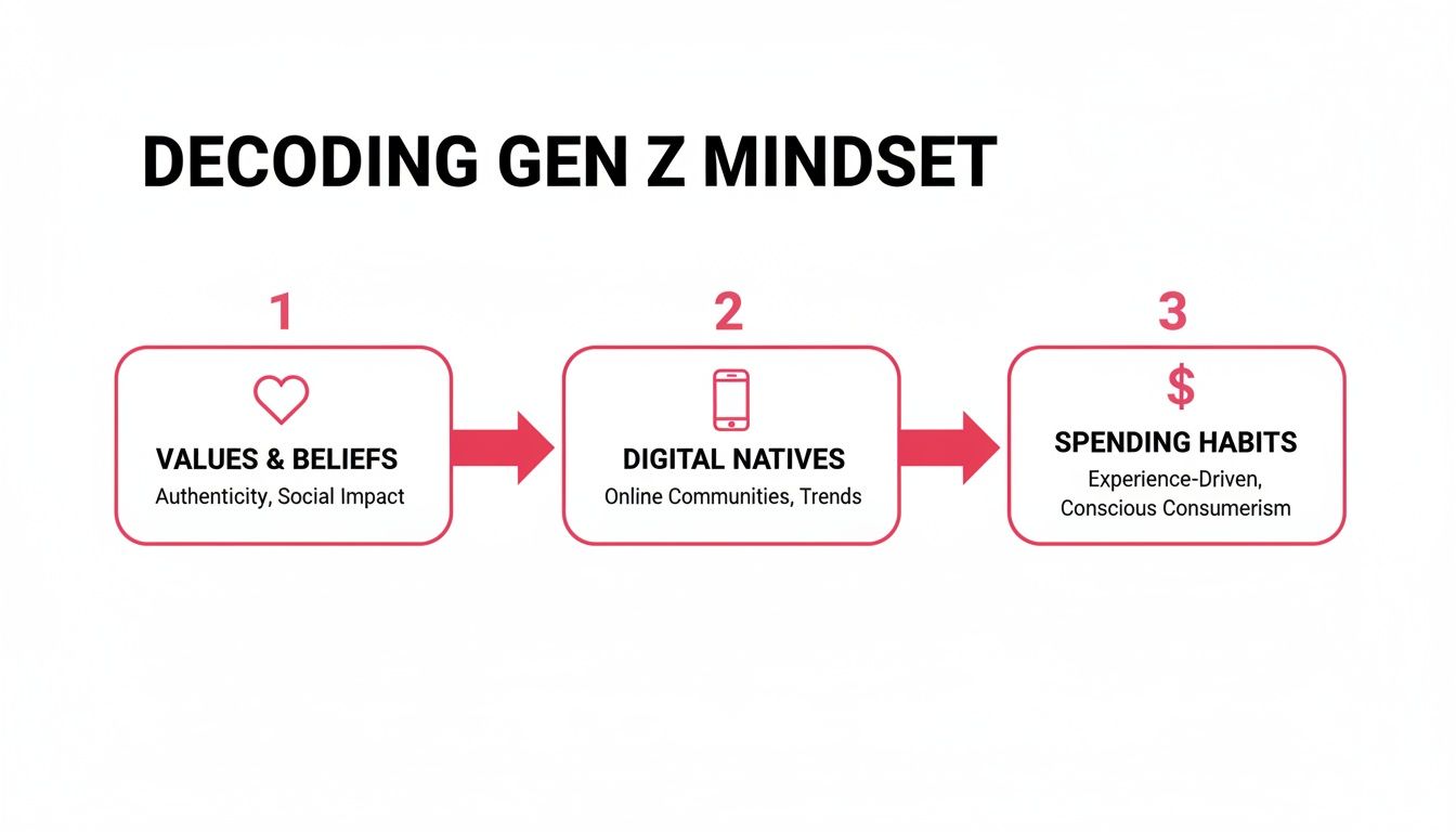 Infographic decoding Gen Z mindset: values, digital native traits, and spending habits in three steps.