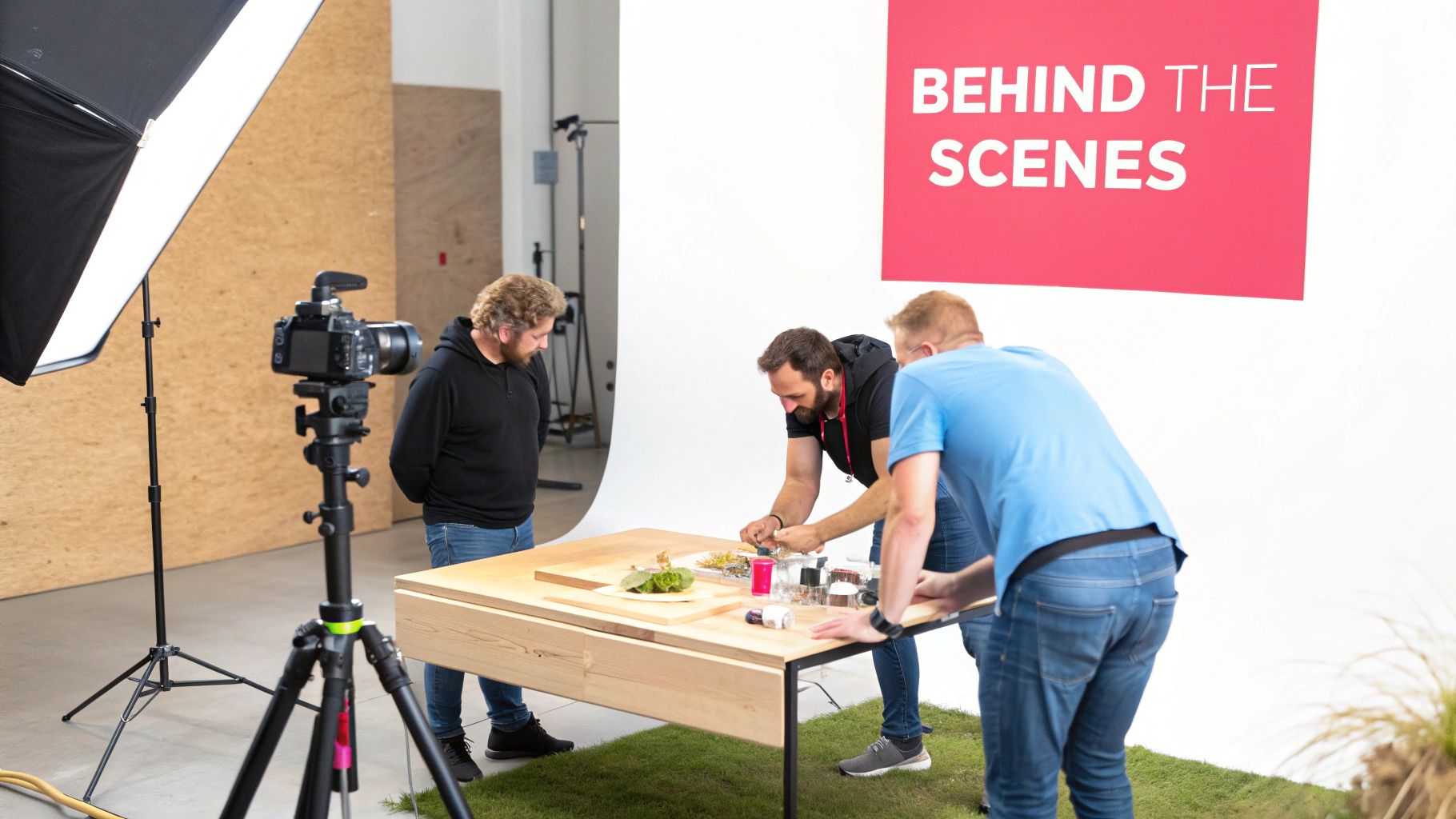 Team creating social media food content with camera, lights, and styled dishes on a table.
