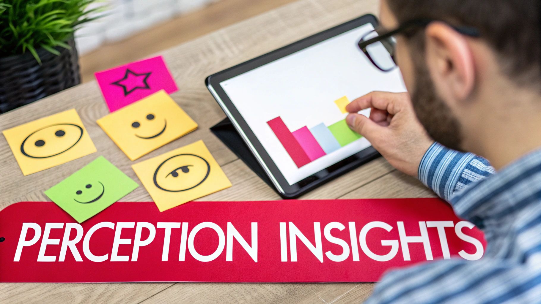A person analyzes data on a tablet, surrounded by emoticon sticky notes and a 'Perception Insights' sign.