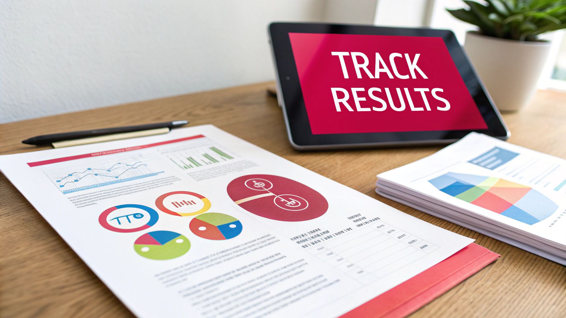 A desk with financial charts, graphs, and a tablet showing 'TRACK RESULTS' for business analysis.