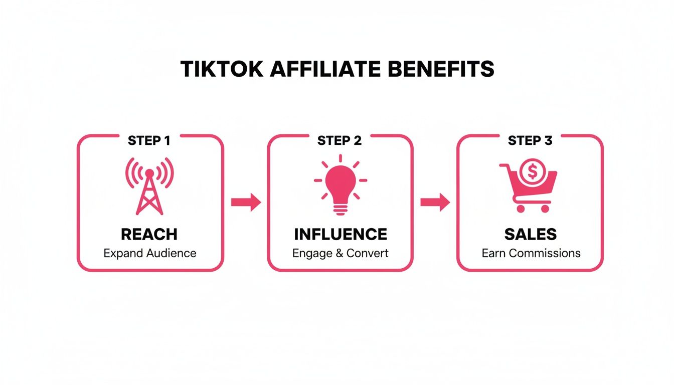 TikTok affiliate benefits infographic detailing steps for reach, influence, and earning sales commissions.