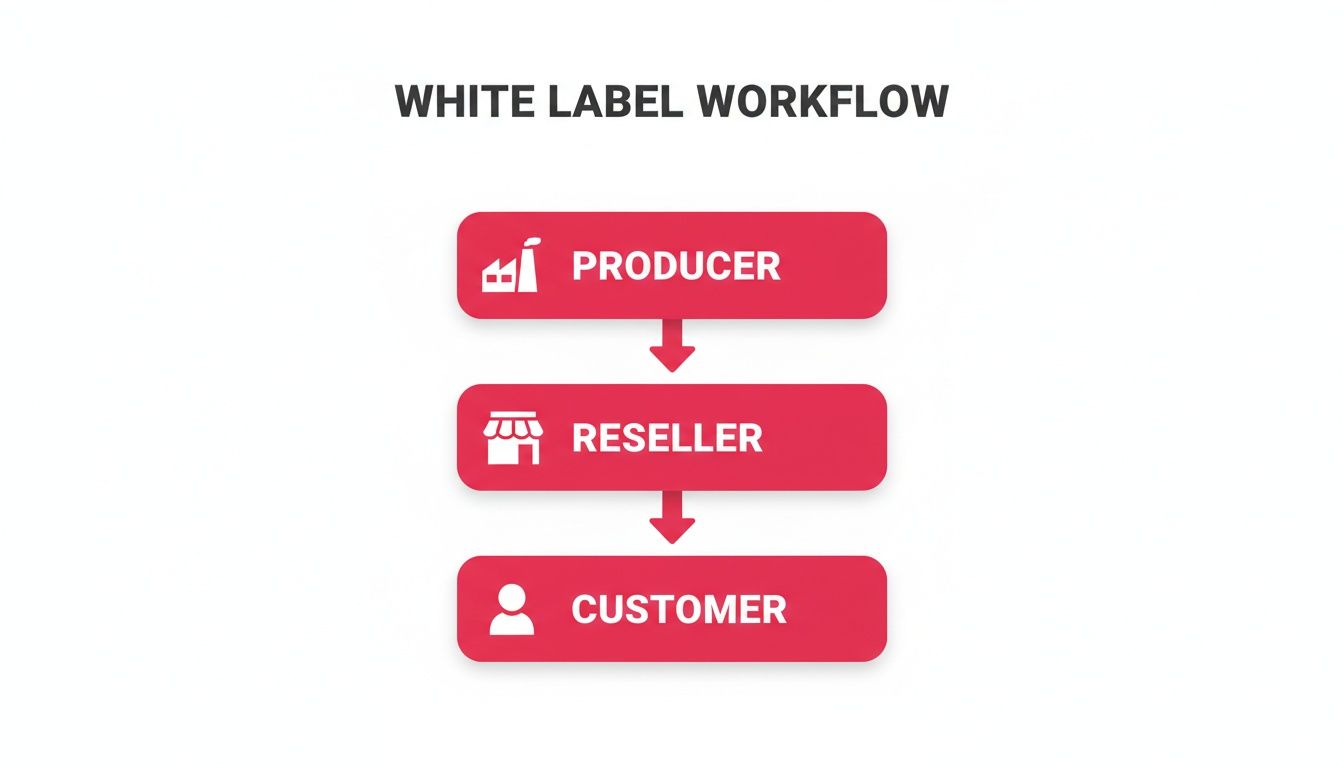 Diagram illustrating the white label workflow from producer to reseller to customer, with arrows showing progression.