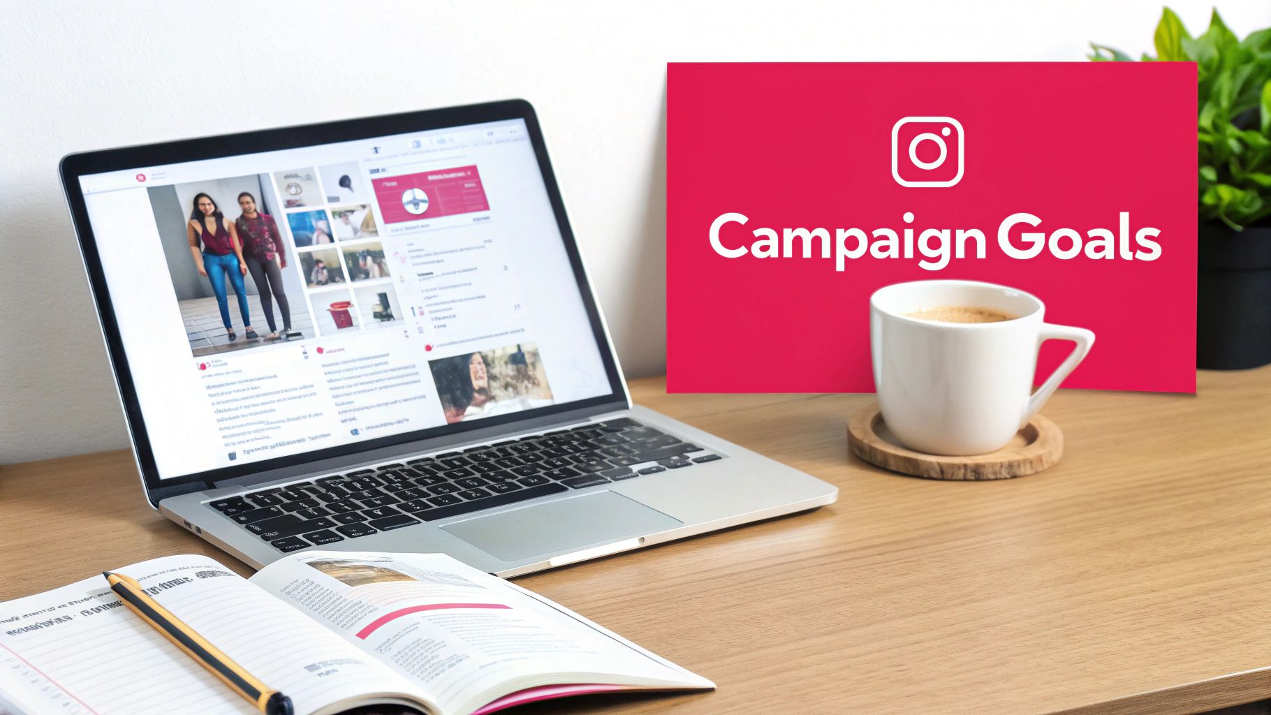 A laptop displaying social media, a coffee cup, and an 'Instagram Campaign Goals' sign on a desk.