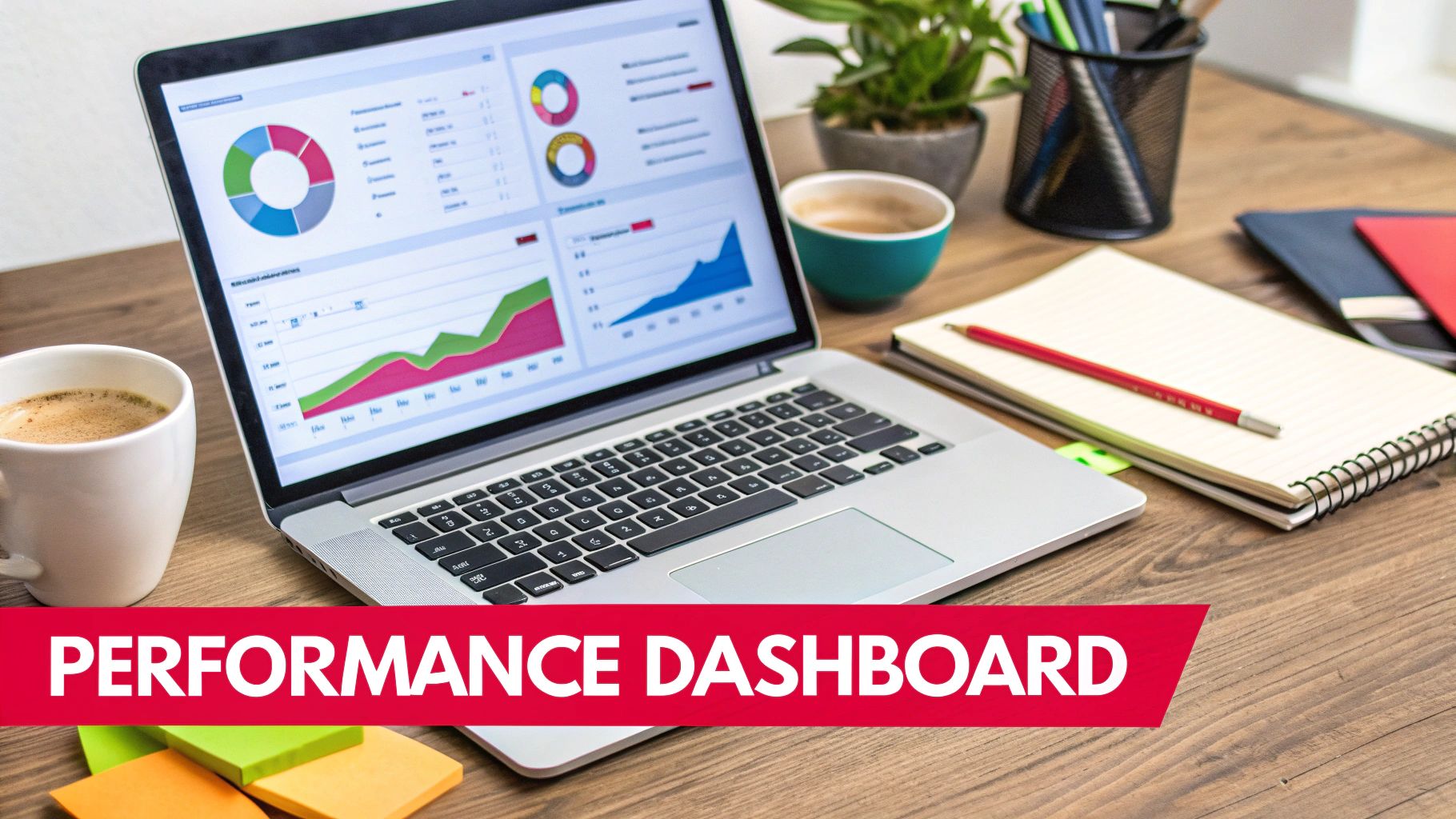 Laptop displaying a detailed performance dashboard with charts, graphs, and data on a wooden desk.