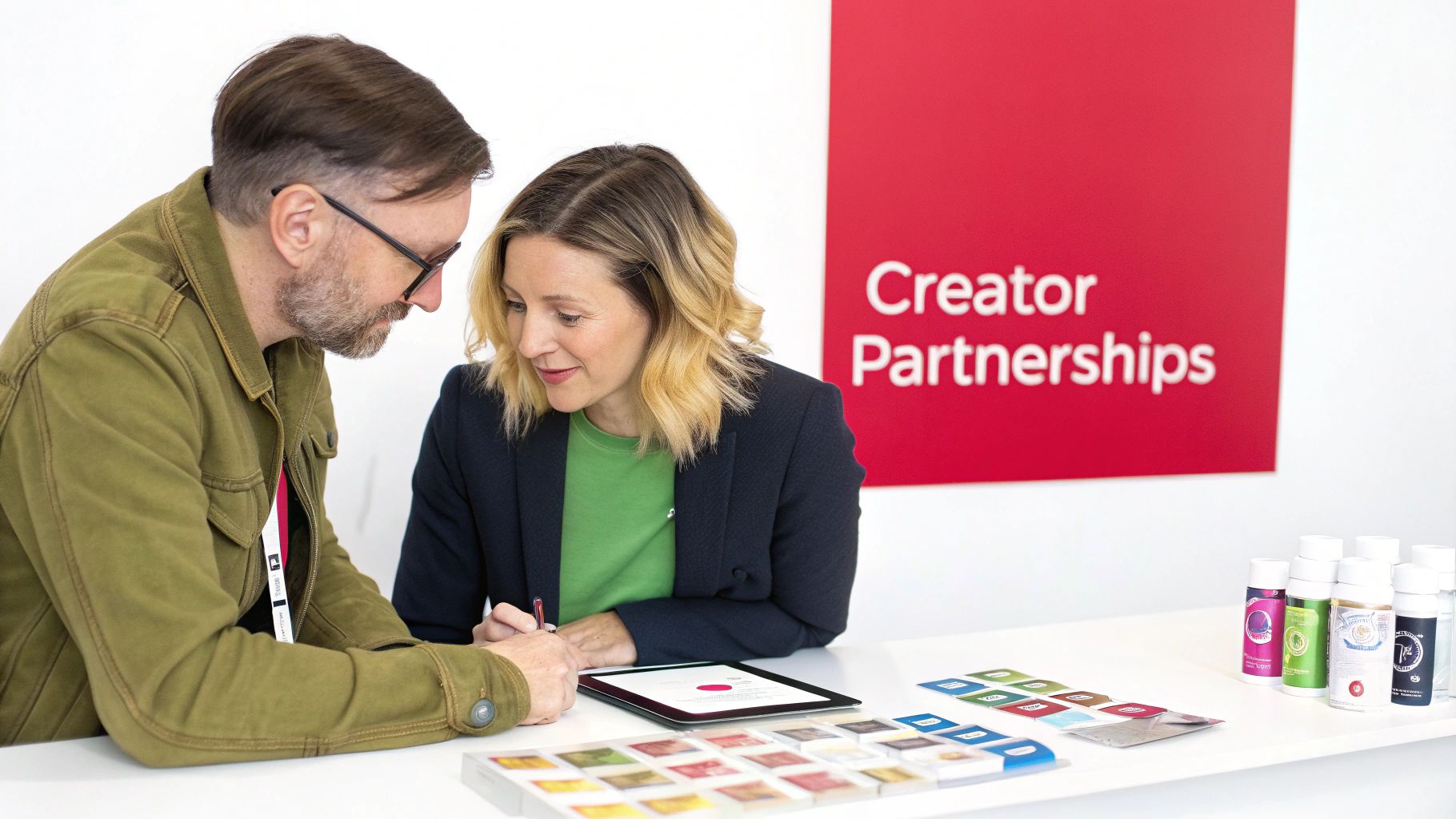 A group of content creators and brand representatives collaborating around a table