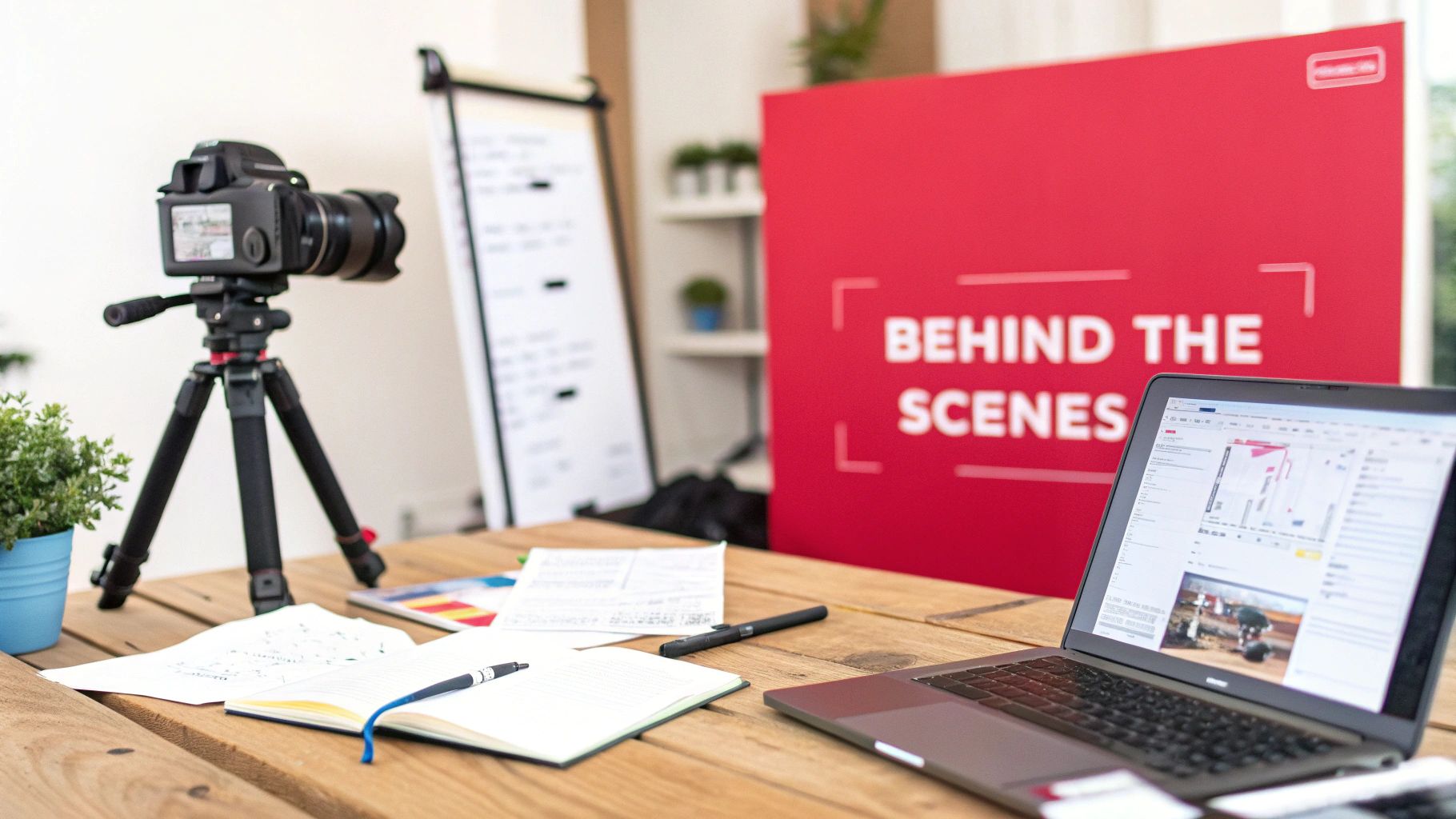 Professional video production workspace with camera on tripod, laptop, and behind the scenes sign for content creation