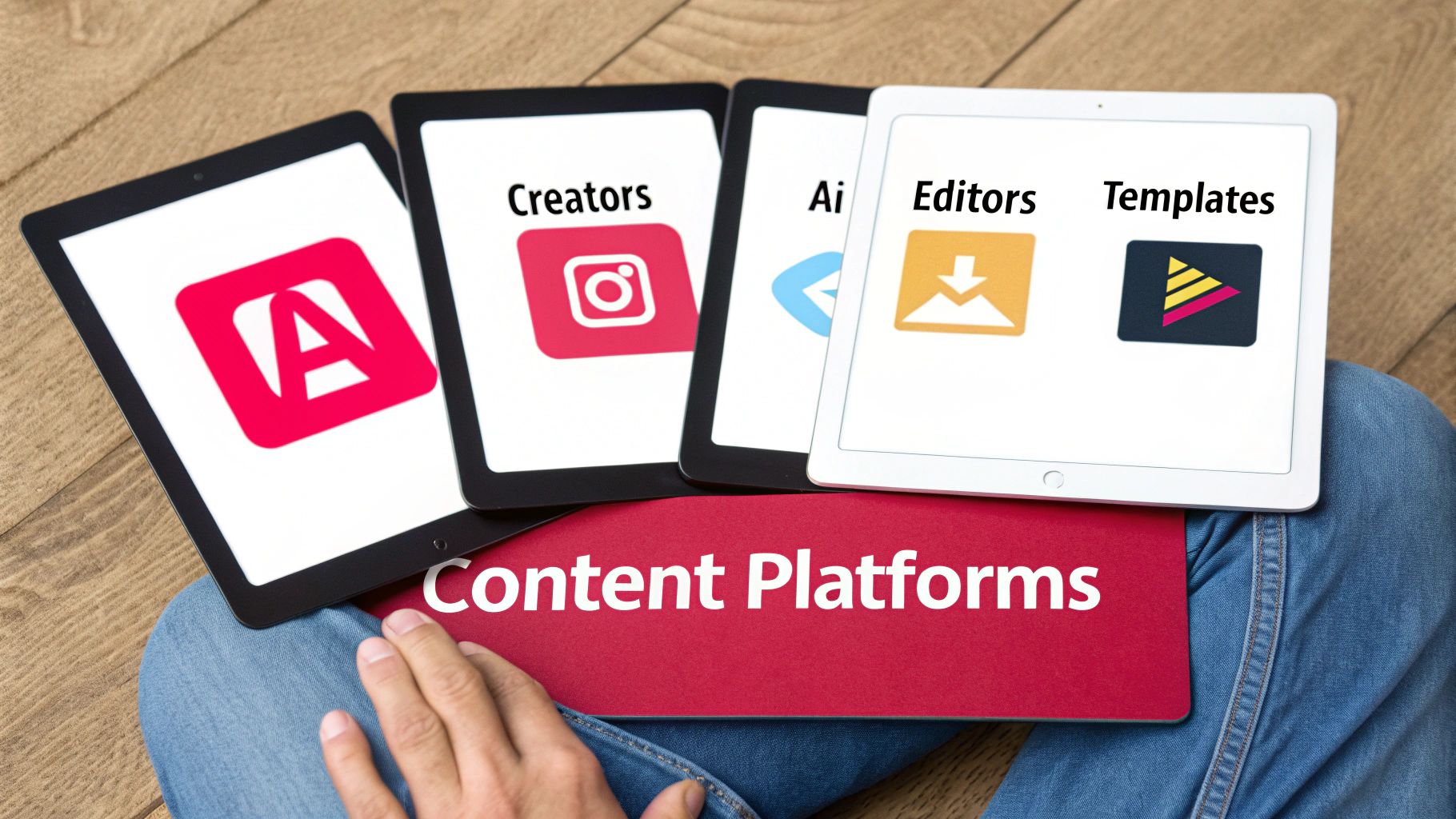 Person holding tablets displaying content creation platforms for creators, editors, and templates, on a folder.