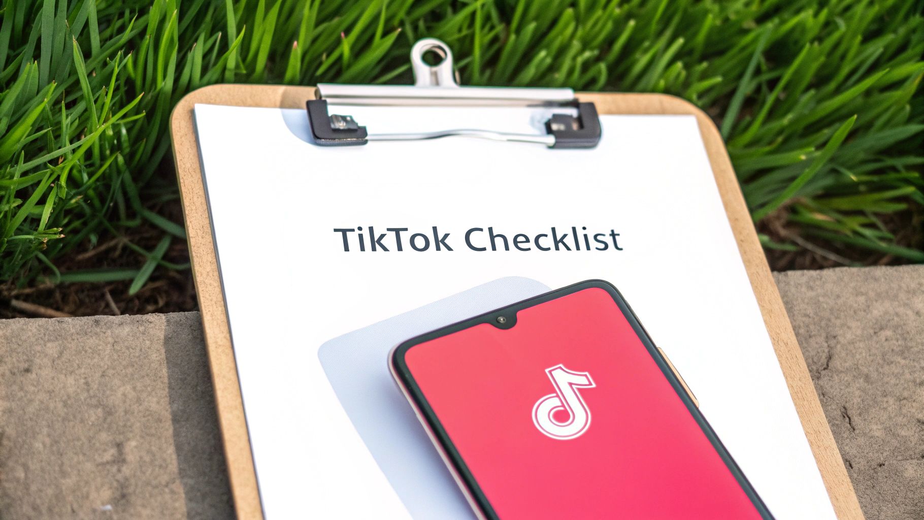 A clipboard with a sheet of paper titled 'TikTok Checklist' and a phone showing the TikTok logo.