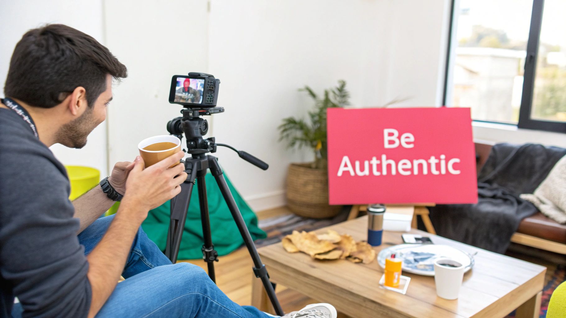 A man holding a cup records a video with a camera, a 'Be Authentic' sign is in the background.