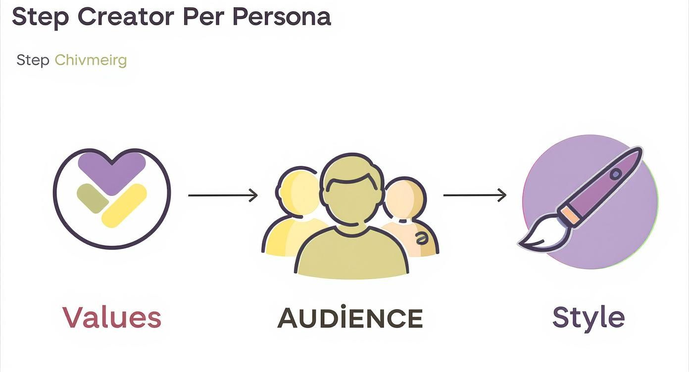A diagram illustrating the creative process: values lead to audience, which then informs style.