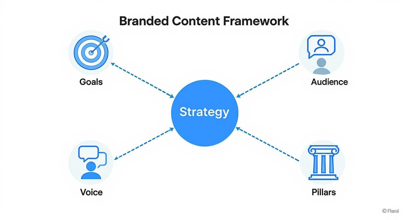 A Branded Content Framework diagram showing Strategy linked to Goals, Audience, Voice, and Pillars.