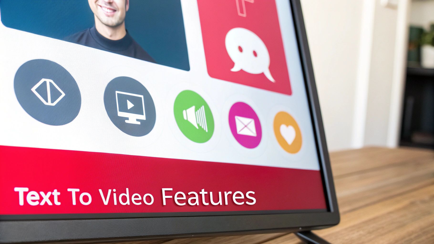 Close-up of a screen displaying 'Text To Video Features' with various feature icons and a smiling user.