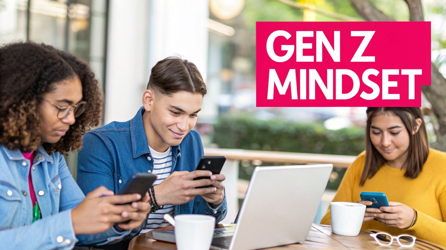 Three Gen Z individuals, engrossed in their smartphones and a laptop, showcasing digital engagement.