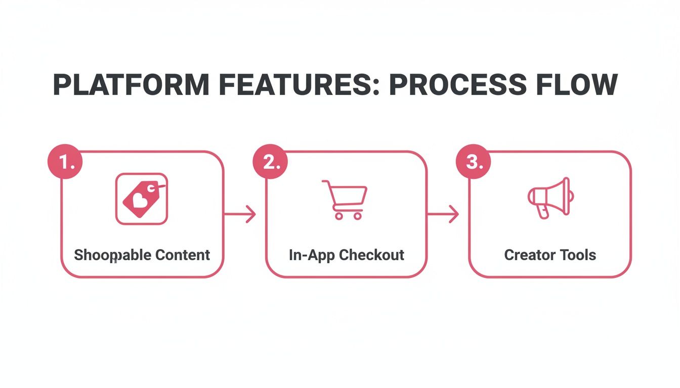Process flow diagram showing social e-commerce platform features: Shoppable Content, In-App Checkout, and Creator Tools.