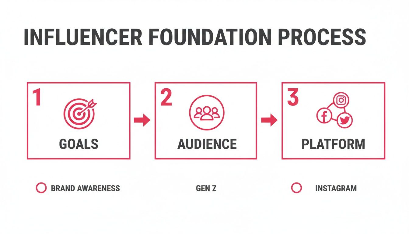 Infographic outlining the 3-step influencer foundation process: Goals, Audience, and Platform, with examples like Brand Awareness and Gen Z.