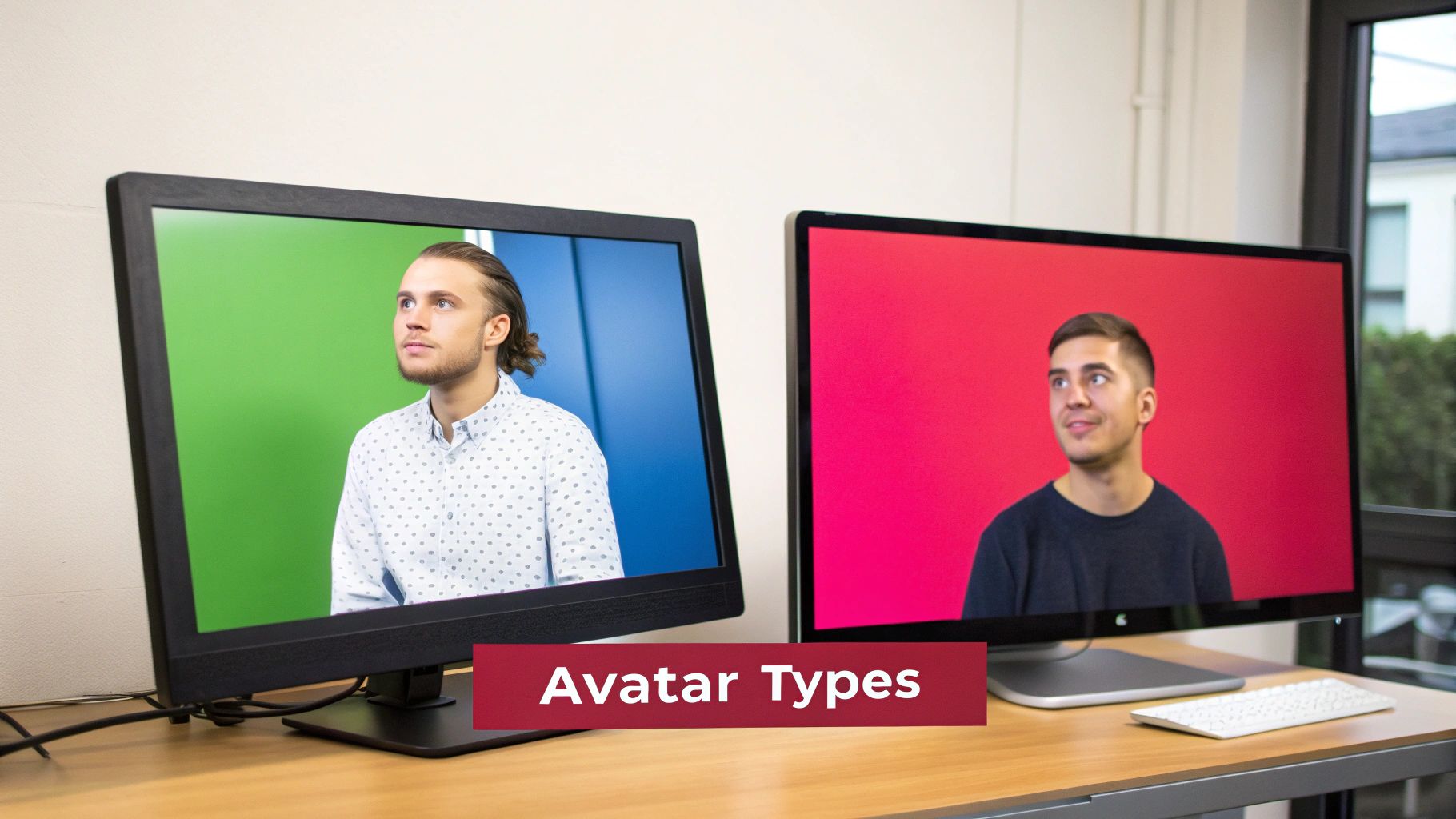 Two monitors on a desk displaying different men against colorful backgrounds, illustrating avatar types.