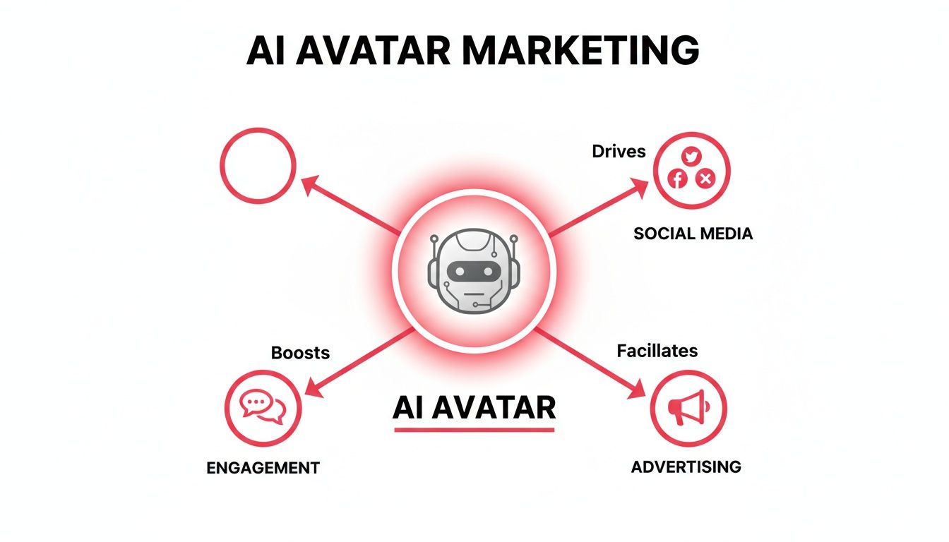 A diagram illustrates AI avatar marketing, showing it drives social media, boosts engagement, and facilitates advertising.