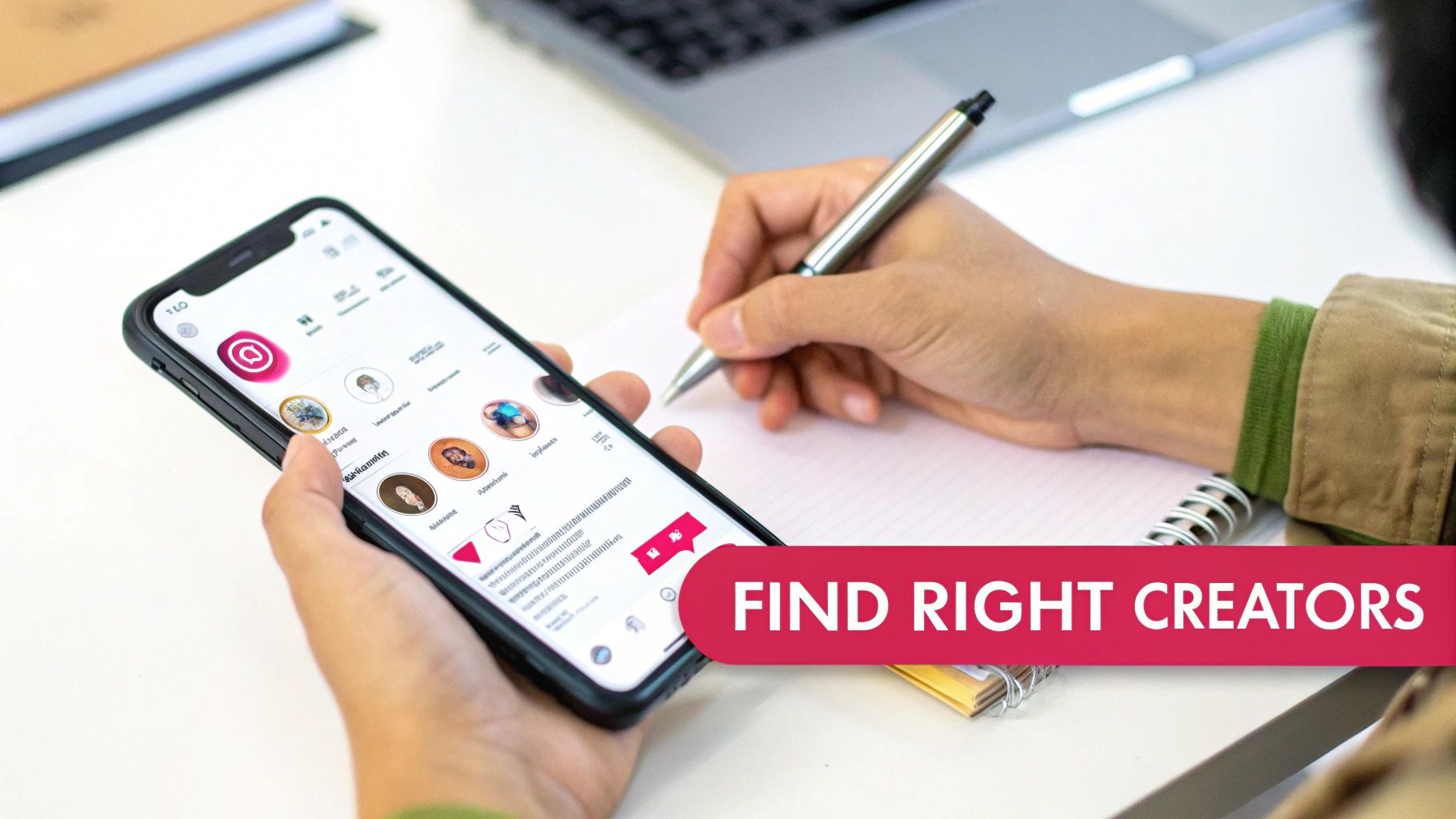 Hands holding a smartphone displaying a social media app and writing in a notebook, planning content.