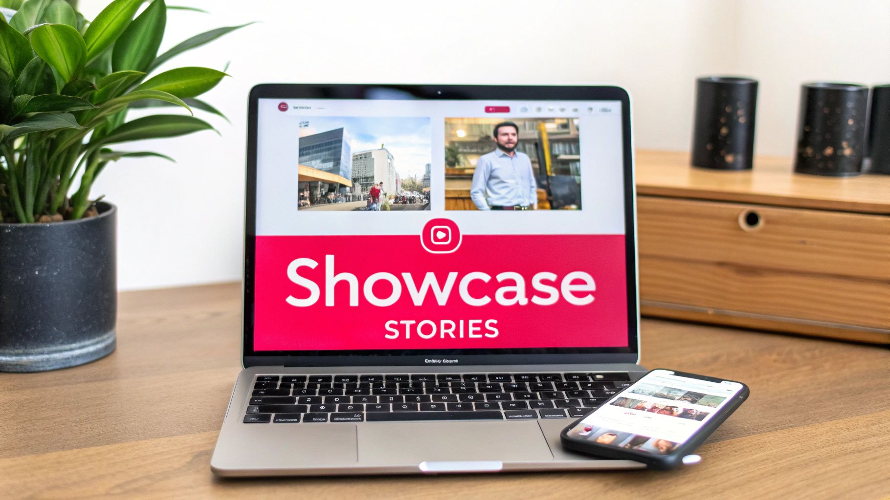 A laptop on a wooden desk displays 'Showcase Stories' content next to a smartphone and a green plant.