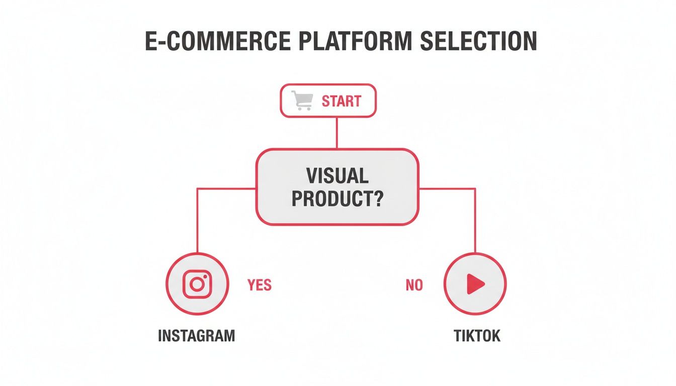 Flowchart guiding e-commerce platform selection: Instagram for visual products, TikTok for non-visual products.