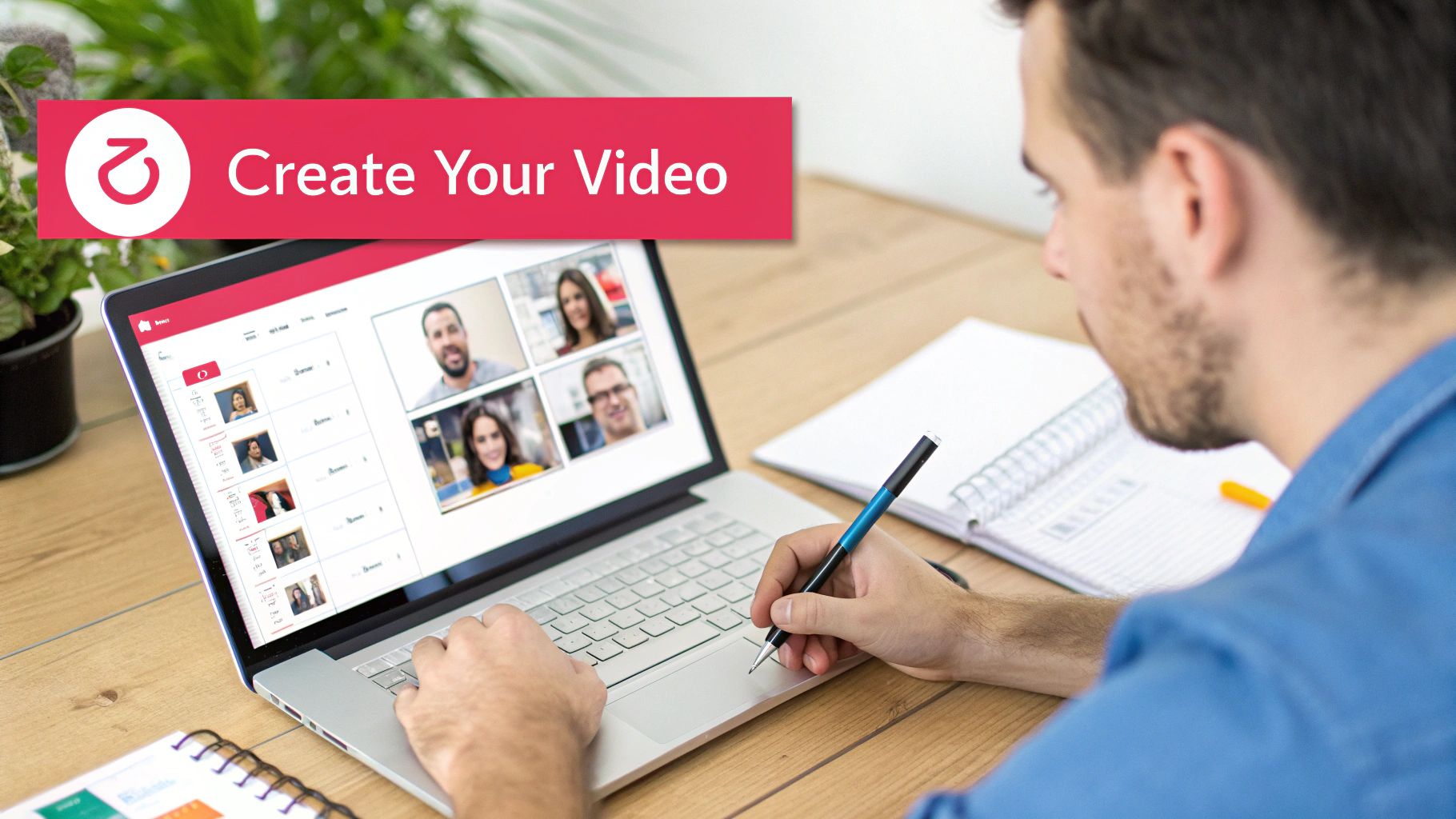 Man at desk creating a video on laptop, with 'Create Your Video' banner.