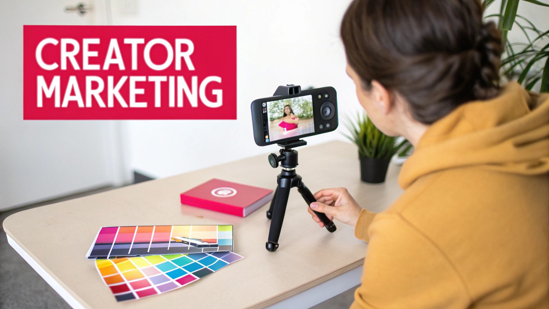 A person films a video with a smartphone on a tripod, surrounded by creator marketing materials.