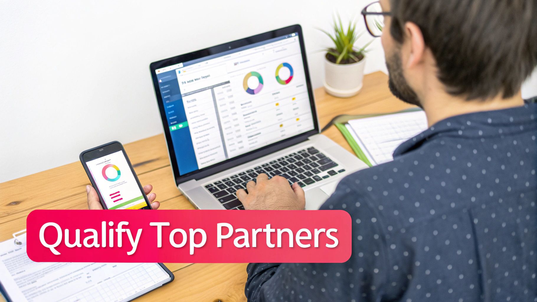 A person works on a laptop and smartphone, both showing data charts, with 'Qualify Top Partners' text.