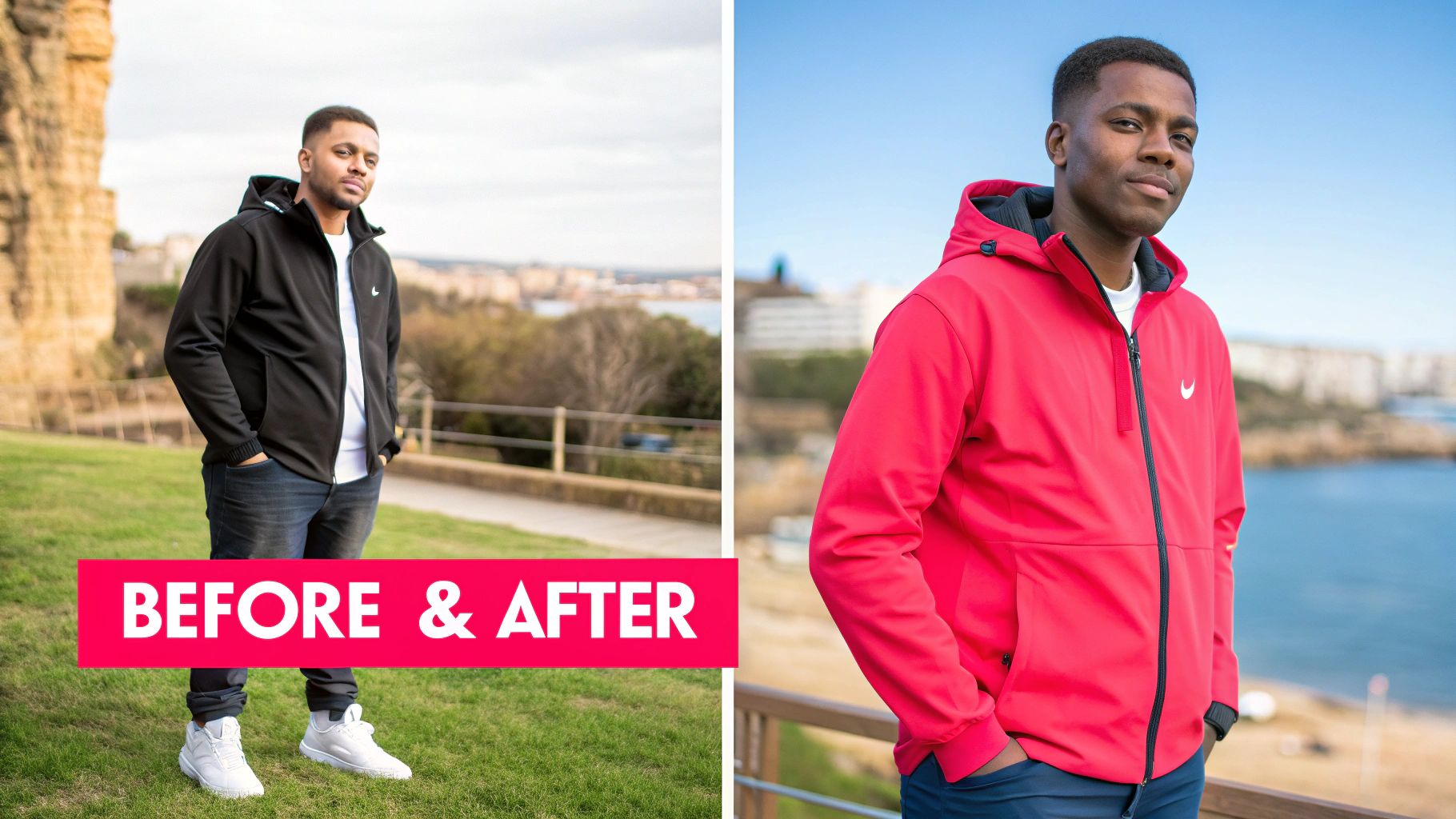 A split image showing a man in a black jacket (before) and a red jacket (after) in different outdoor settings.