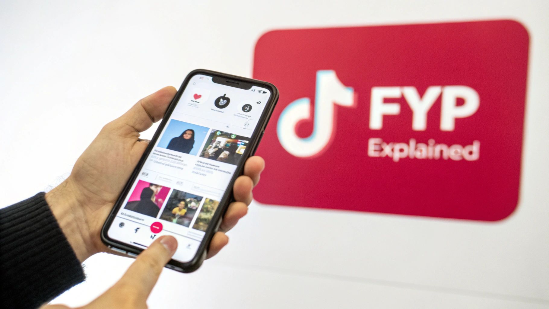 A person's hand holds a smartphone displaying a social media feed, with a TikTok FYP Explained sign in the background.