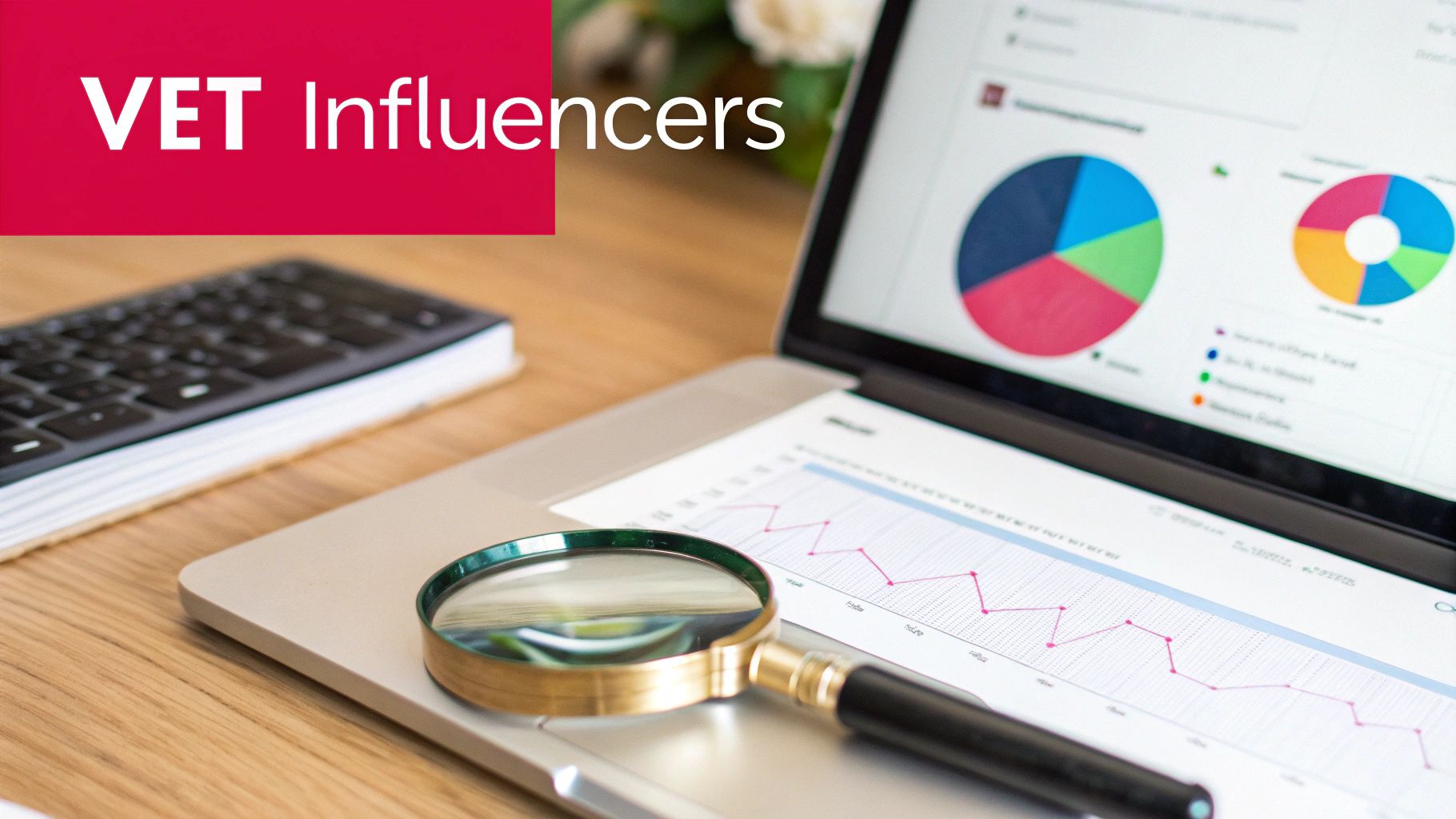 Laptop displaying data analysis charts and graphs, with a magnifying glass and 'VET Influencers' text.