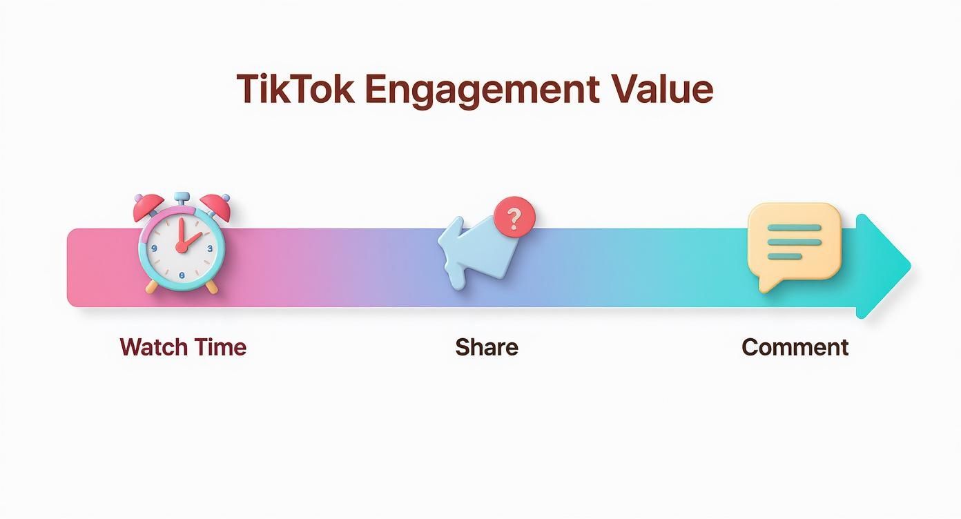 Infographic showing TikTok engagement value progression: Watch Time, Share, and Comment, with Comment having the highest value.