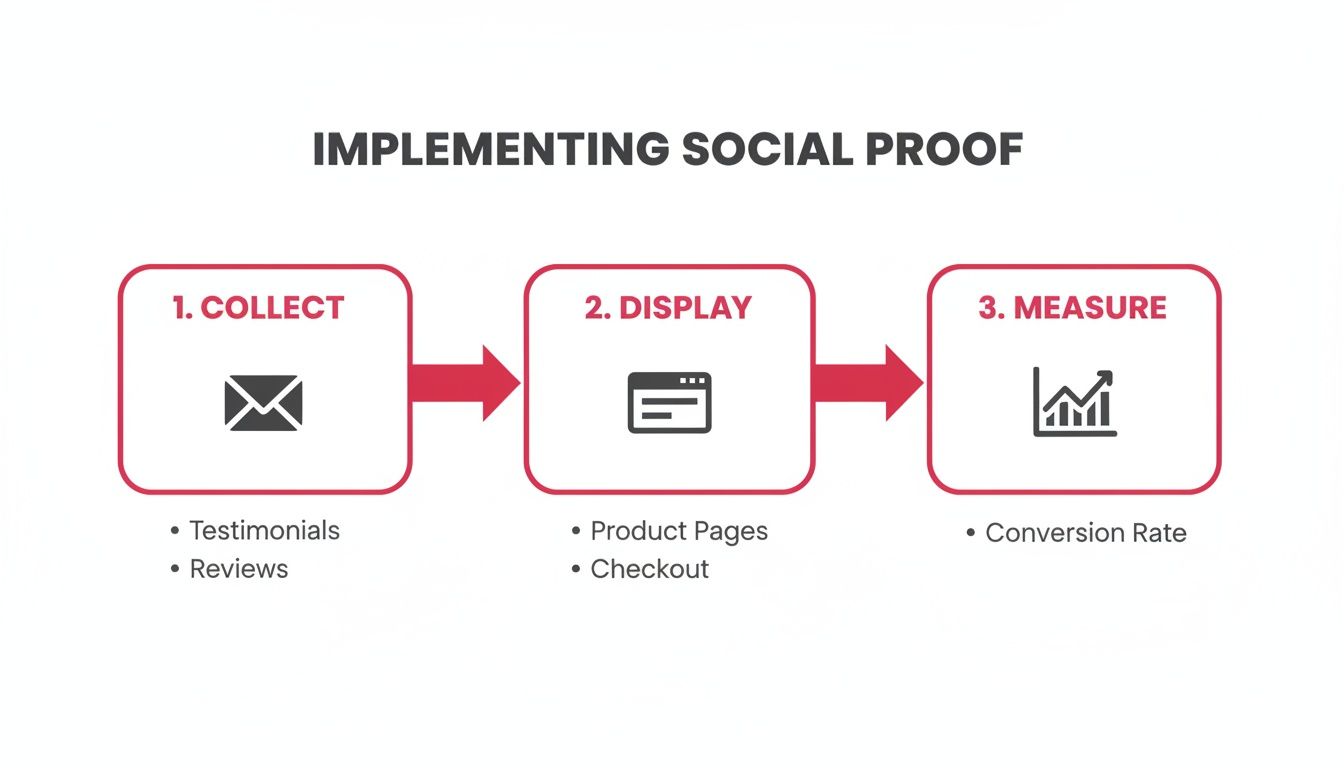 Flowchart detailing the three steps for implementing social proof: collect, display, and measure results.