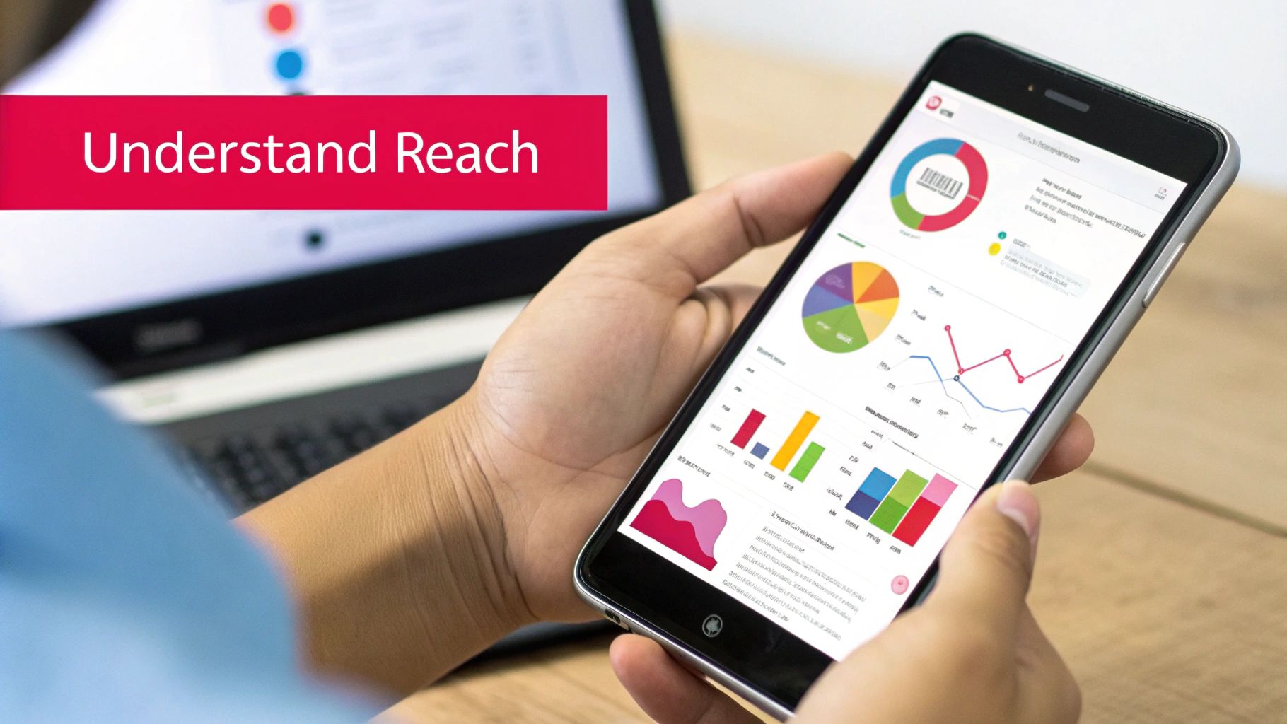 A marketing professional analyzing reach data on a laptop, with charts and graphs visible on the screen.