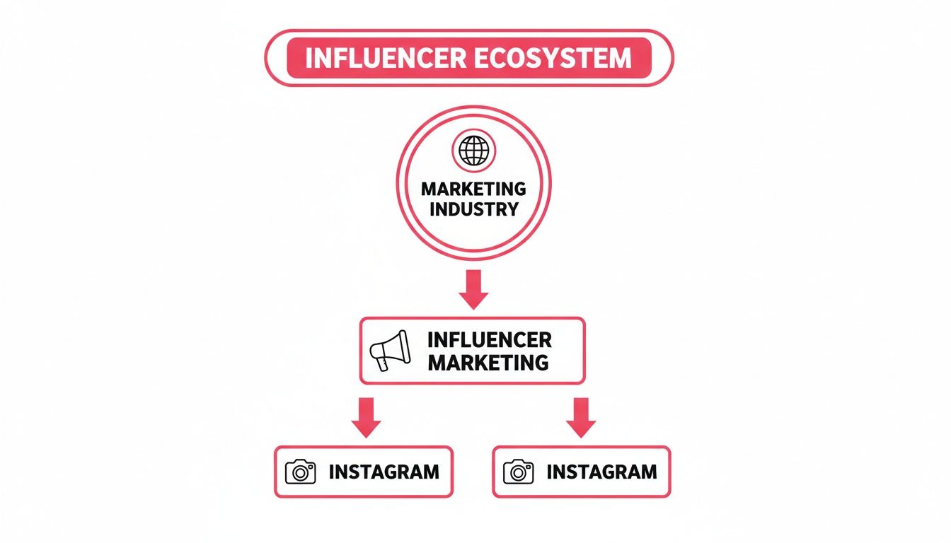 Flowchart detailing the influencer ecosystem from marketing industry to influencer marketing on Instagram platforms.