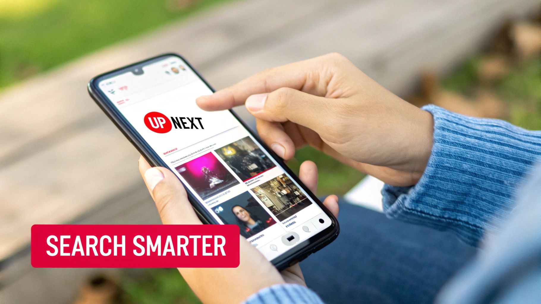A person using a magnifying glass to inspect a YouTube search results page on a laptop screen, symbolizing a deep manual search.