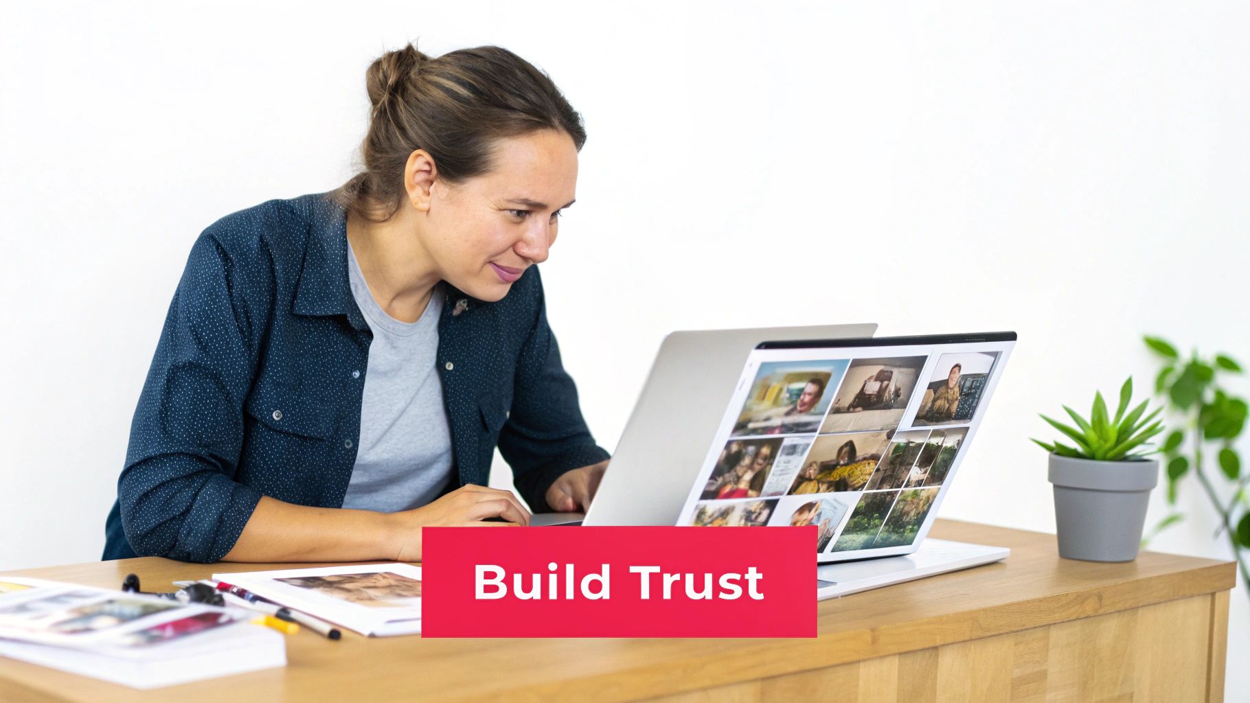 A smiling woman works on her laptop, displaying a grid of images, with a 'Build Trust' banner.
