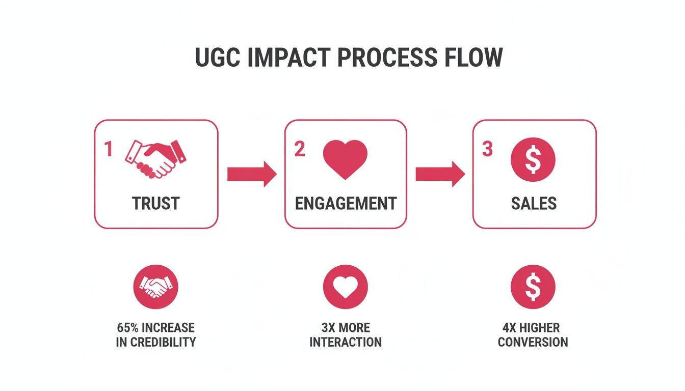 UGC impact process flowchart showing how User-Generated Content drives trust, engagement, and sales with key metrics.