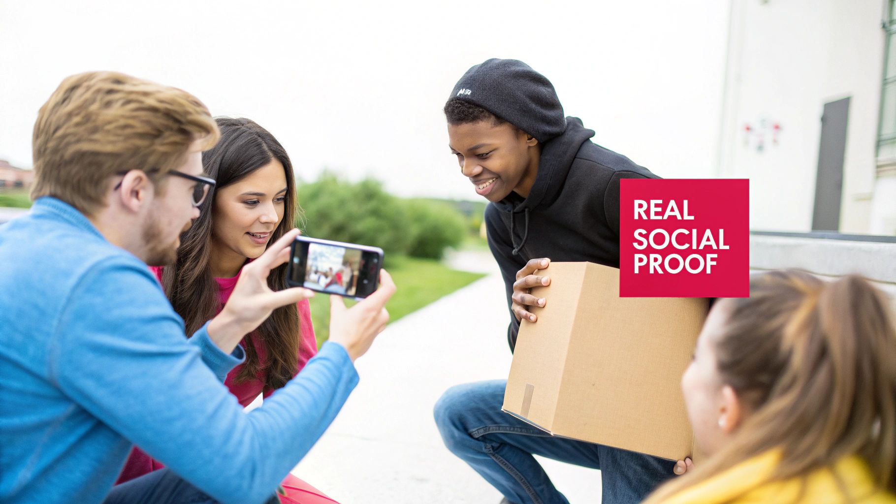 Group of diverse friends recording a happy moment outdoors with a delivered package.