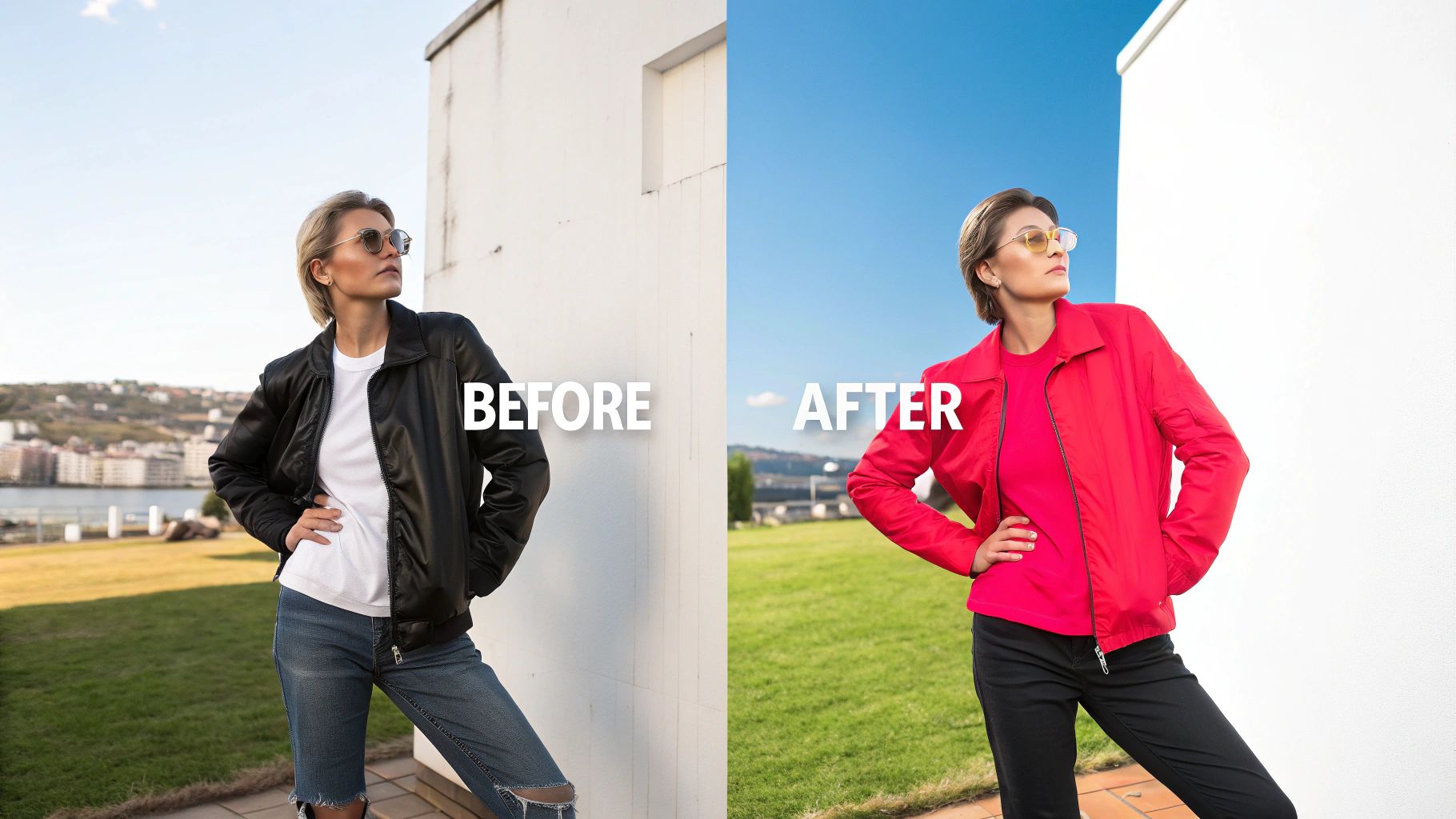 Woman in black jacket before and vibrant pink jacket after photo editing transformation