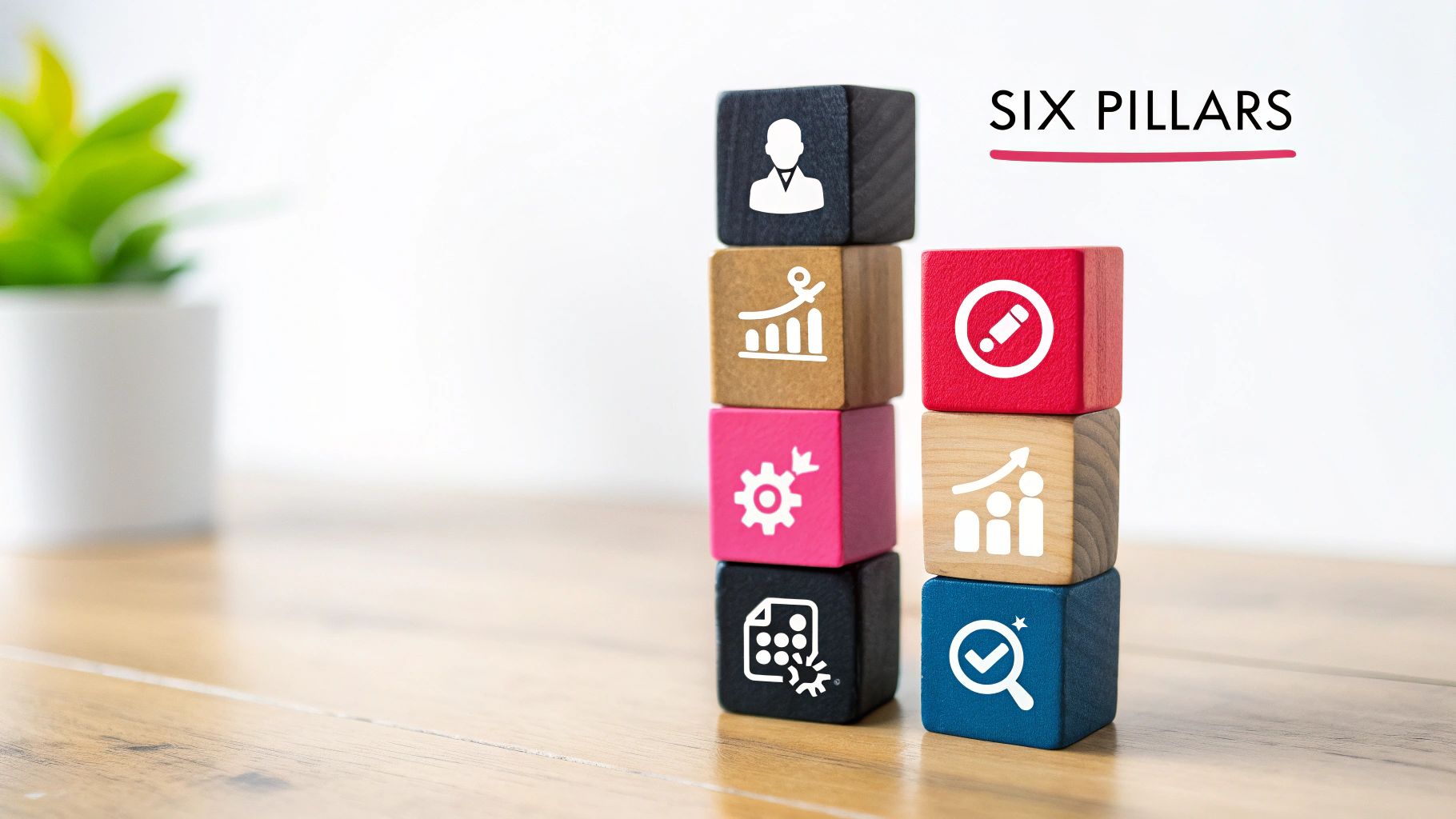 Six colorful wooden blocks stacked in two pillars with business icons, labeled 'SIX PILLARS'.