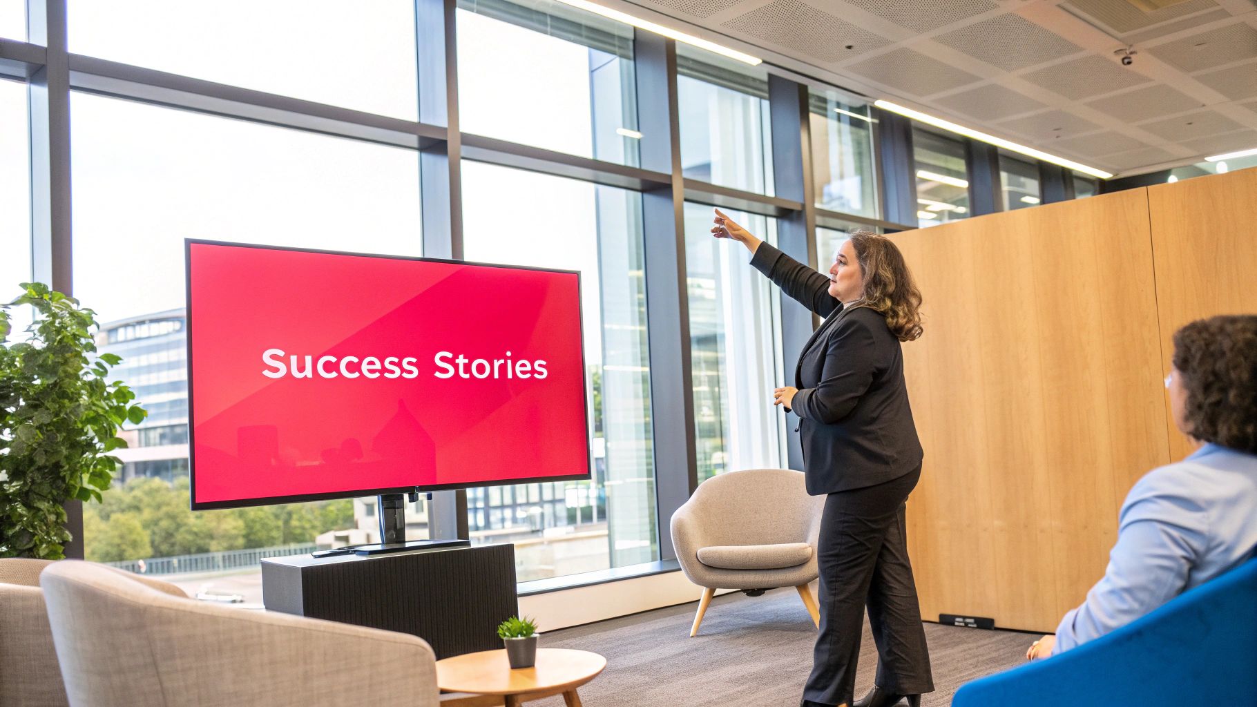 Two people, a brand representative and a content creator, shaking hands and smiling over a tablet displaying campaign analytics.