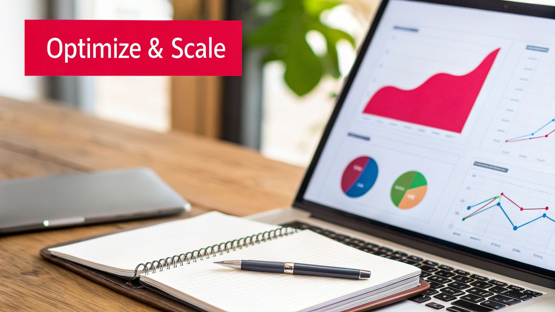 Laptop displaying business analytics charts, an open notebook and pen on a wooden desk with 'Optimize & Scale' text.